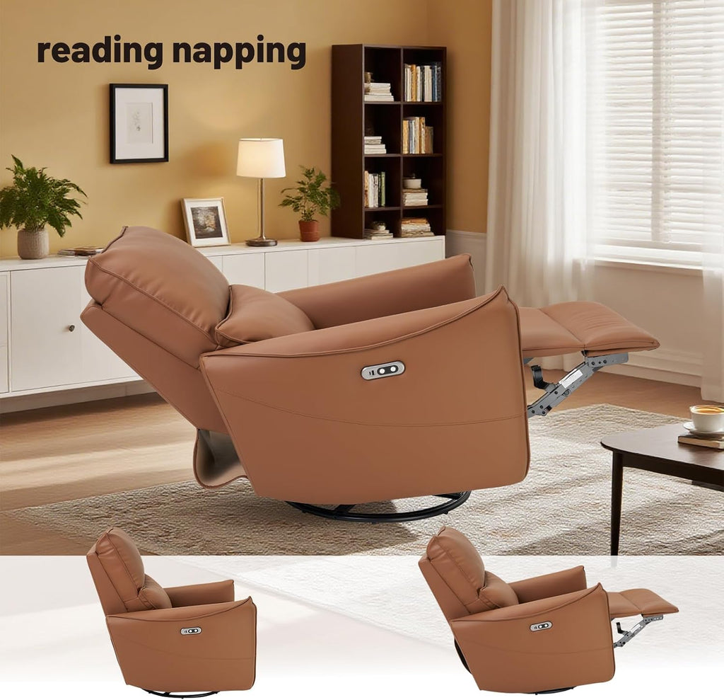 Recliner Sofa Rocking Chair Swivel Power Reclining Adjustable 360 Degree Spinning with Ergonomics Lumbar Support Natural Leather for Home Theater Seating Living Room, Bedroom, Nursery, Brown