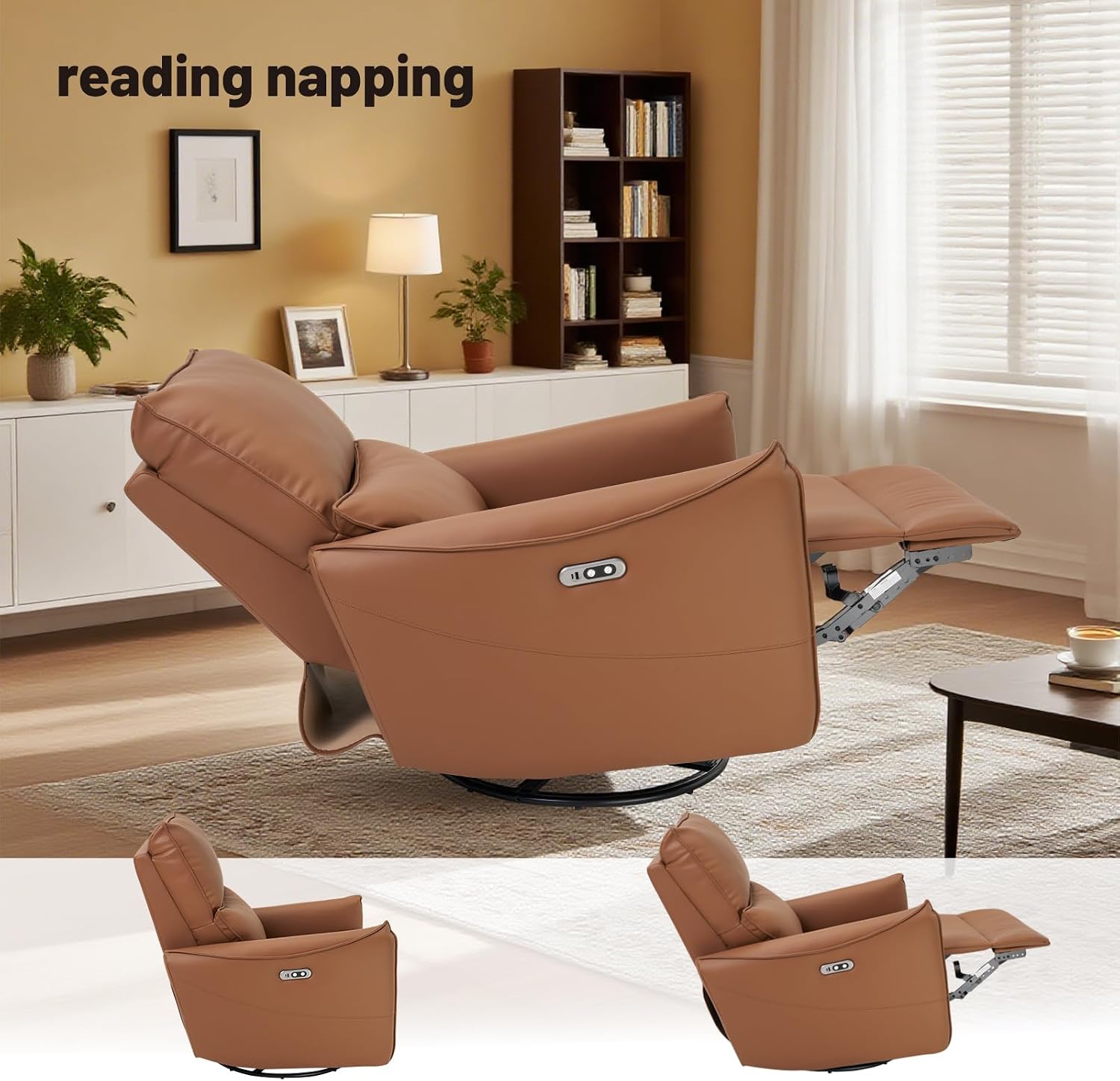 Recliner Sofa Rocking Chair Swivel Power Reclining Adjustable 360 Degree Spinning with Ergonomics Lumbar Support Natural Leather for Home Theater Seating Living Room, Bedroom, Nursery, Brown