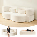 78' Full Size Convertible Folding Sofa Bed, Modern Teddy Fabric Futon Sofa Bed with 2 Pillows, Foam Mattress Futon Loveseat Couch, No Assembly Floor Couches for Living Room, Playroom, Apartment, Beige