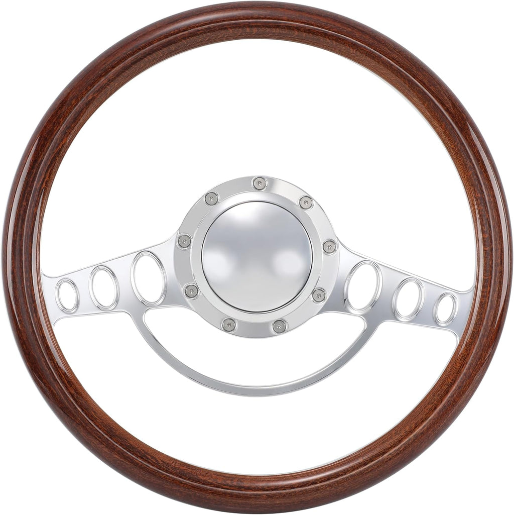14'' Billet Half Wrap 9 Bolts Steering Wheel with 2'' Dish and Horn Button (Walnut Wood)