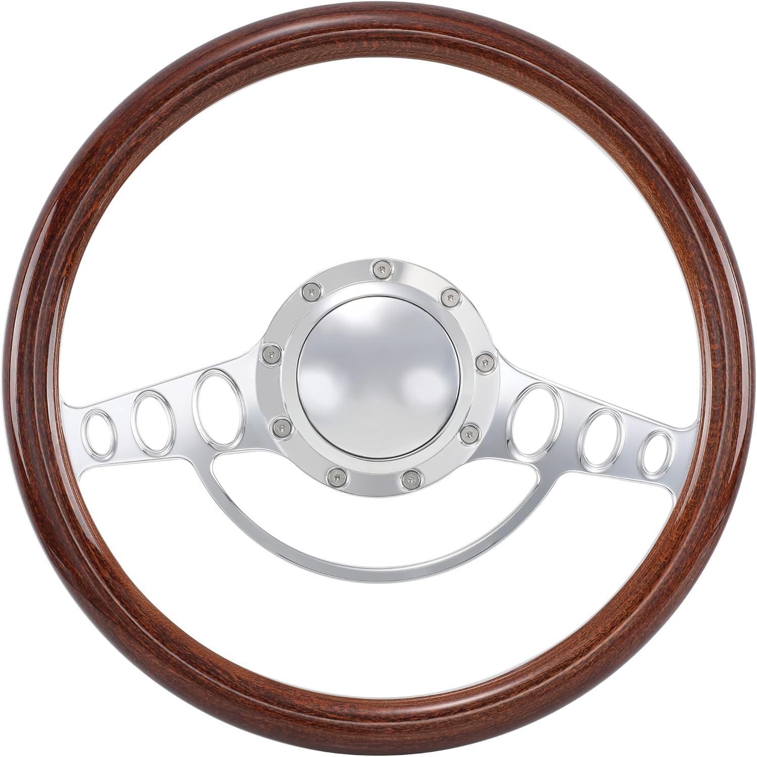 14'' Billet Half Wrap 9 Bolts Steering Wheel with 2'' Dish and Horn Button (Walnut Wood)