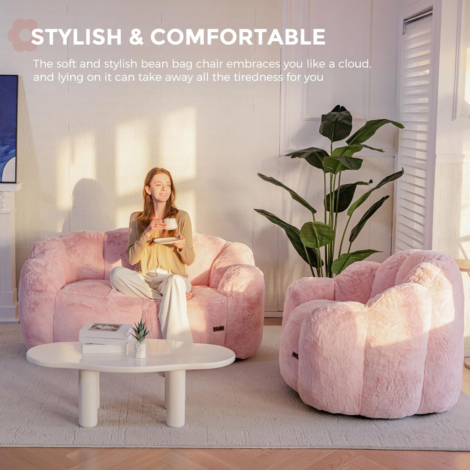 MAXYOYO Bean Bag Chair for Adults, Loveseat Floral Shaped Bean Bag Sofa, Ultra Soft Love Seat Mini Sofa Couch, Faux Fur Reading Chair for Living Room Bedroom, Pink