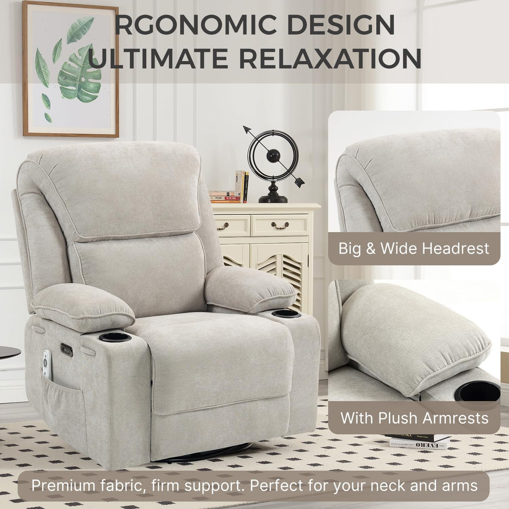 Recliner Chair Power Control, Nursery Reclining & Rocking Chair and Glider, Massage Swivel Living Room Furniture for Small Spaces, Bedroom, RVS, Lounge Sofa Chairs with USB & Type C Ports, Light Gray