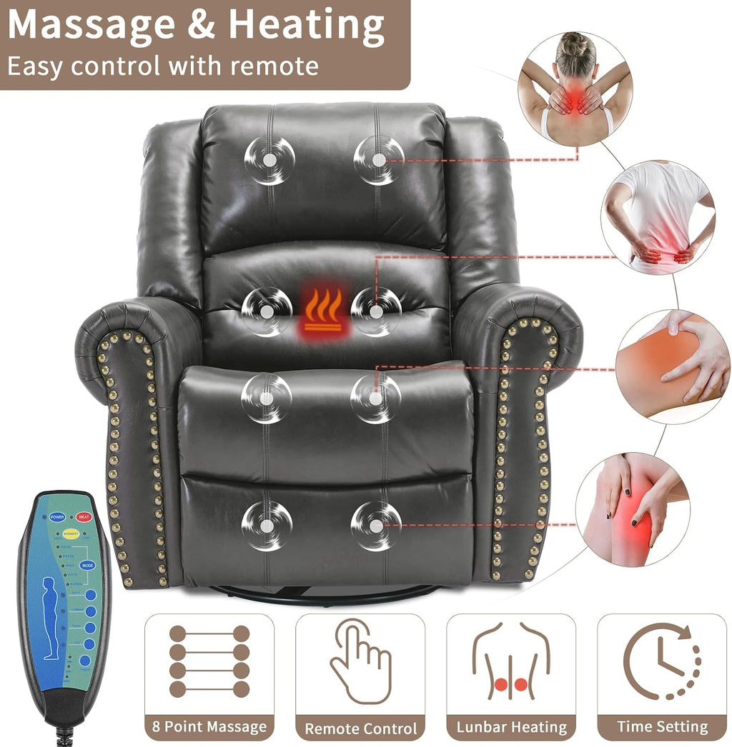 Manual Massage Swivel Rocker Recliner with Heat and Vibration, 360° Swivel Glider Rocking Recliner Chair, Classic Living Room Lounge Recliners with Side Pockets & USB Ports, Dark Gray