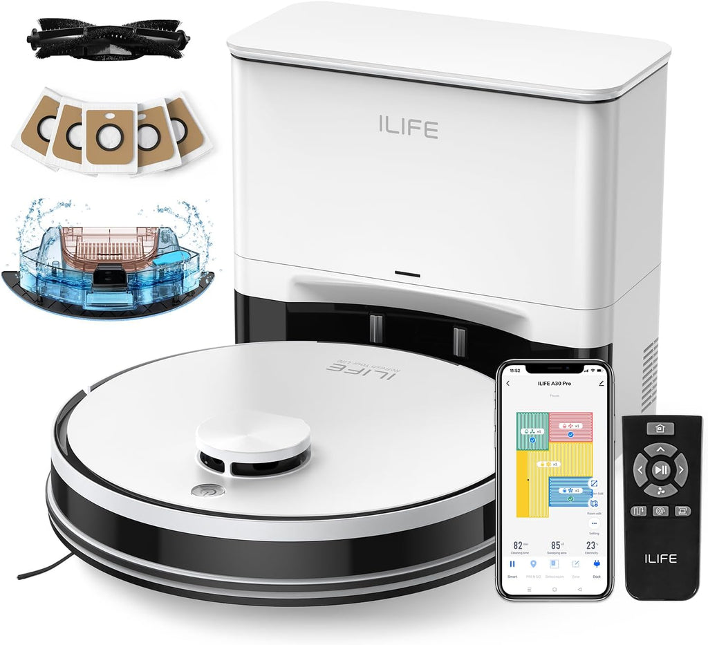 ILIFE A30 Pro Robot Vacuum and Mop Combo, Self Emptying Robot Vacuum Cleaner + Replacement Dust Bags, 5 Pack Included
