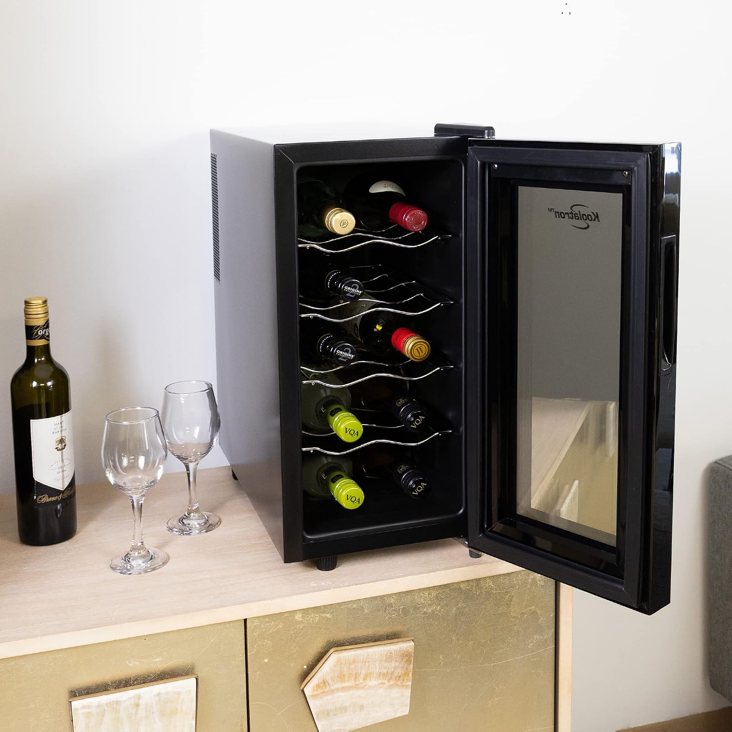 Koolatron Wine Fridge - Wine Cooler, 10 Bottle Wine Cabinet for Champagne, Red, White Wine, Thermoelectric Freestanding Celler For Bar, Home, Kitchen, Paned Glass Door