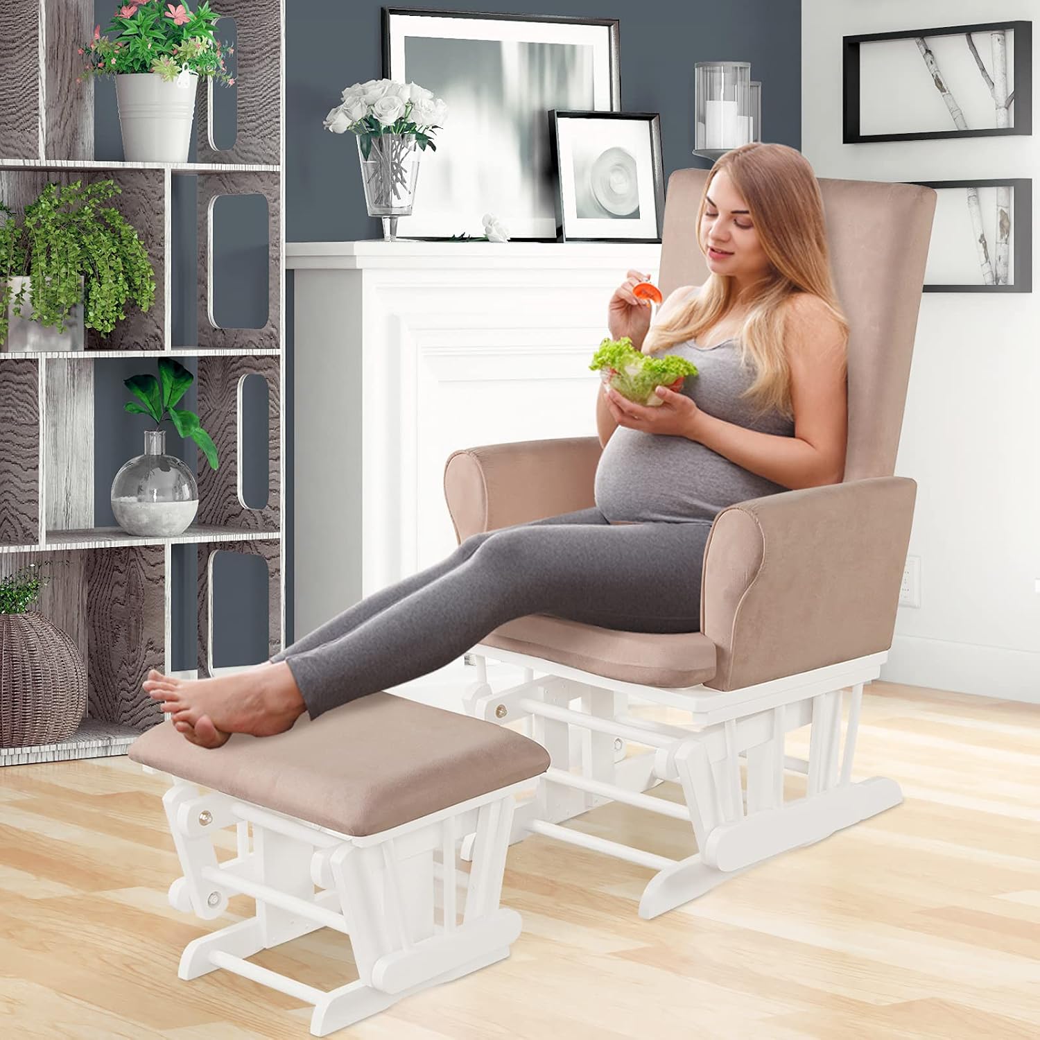 Costzon Glider and Ottoman Set, Wood Baby Rocker Nursery Furniture for Napping Reading Nursing, Cleanable Upholstered Comfort Rocking Nursery Chair with Detachable Cushion (Pink)