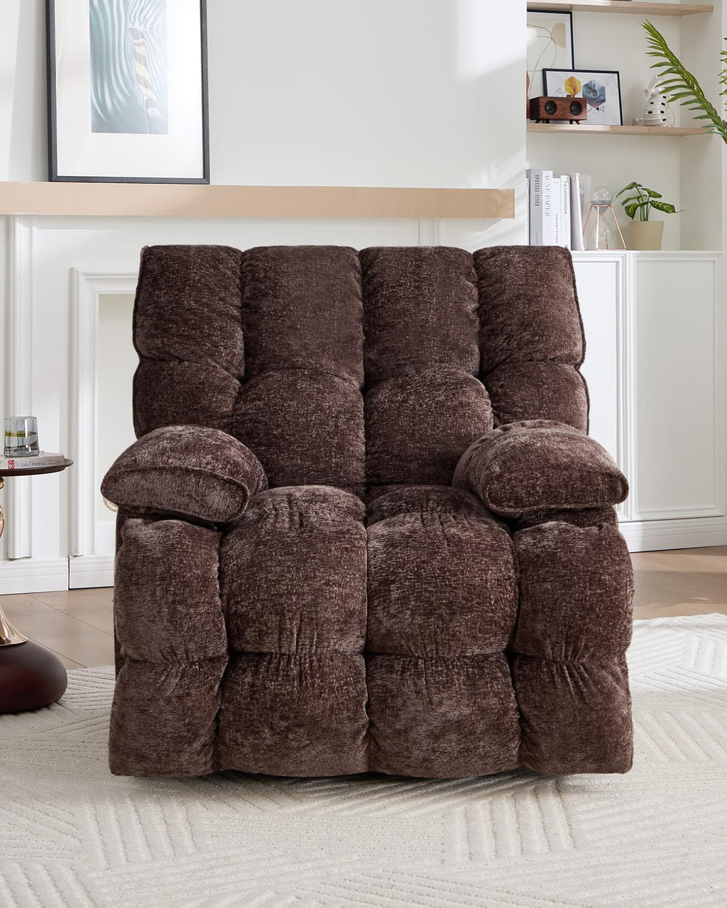 Oversized Manual Recliner Chair with 360° Swivel, Big and Tall Rocker Glider for Nursery Living Room, Chenille Overstuffed Reclining Sofa with Handle, 375lbs (Brown, Manual)