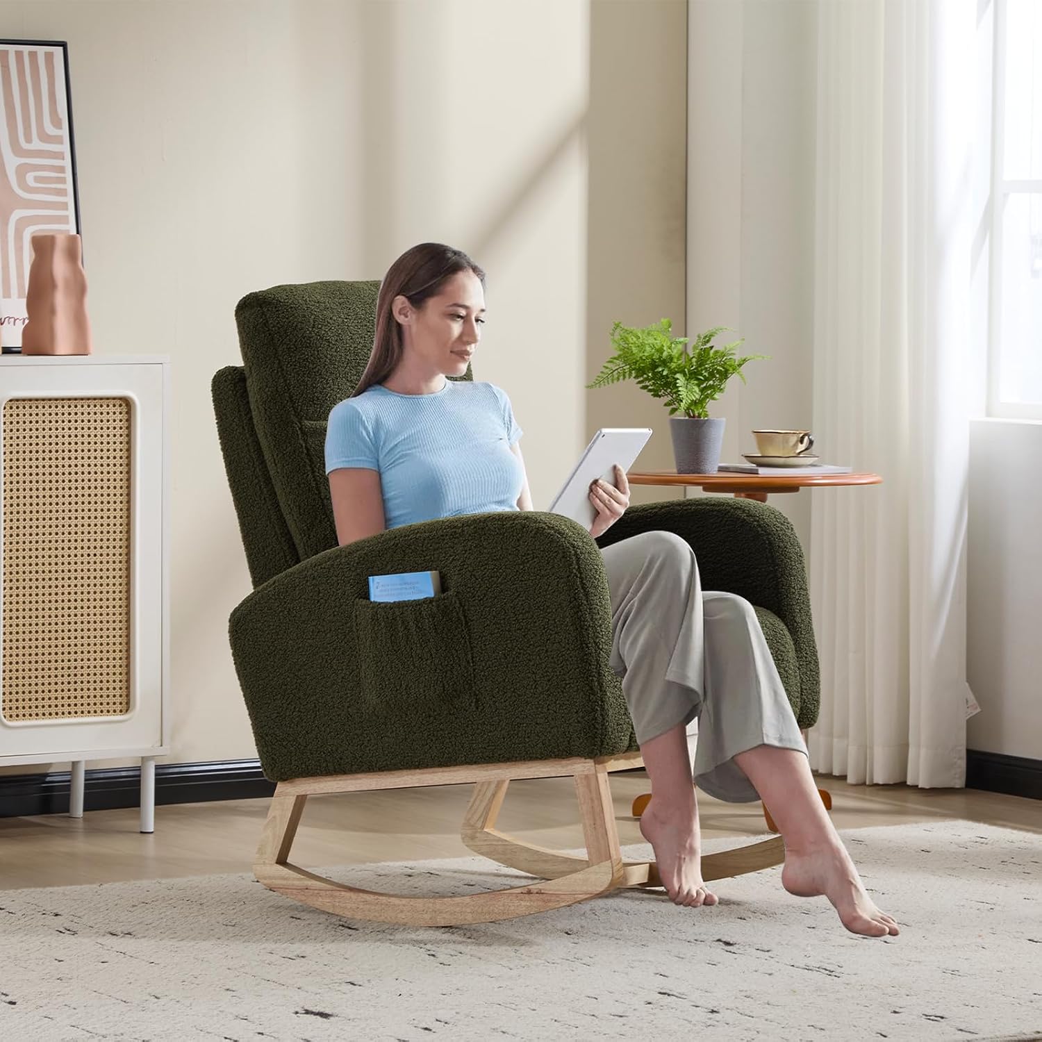 Cloud Rocking Chair Nursery, Comfy Glider Nursery Chair with Foot Rest, Upholstered Rocker, Modern Accent Reading Armchair with Solid Wood Base for Living Room, Bedroom (40' Green)