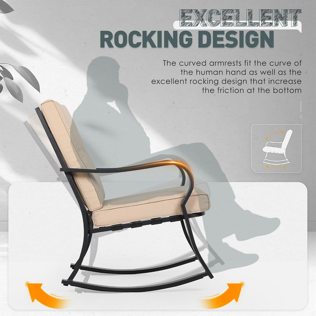 Incbruce 3 Piece Patio Bistro Set Outdoor Rocking Chairs Set, Porch Patio Conversation Chairs Set of 2 with Glass-Top Coffee Table (Brown Thickened Cushion)