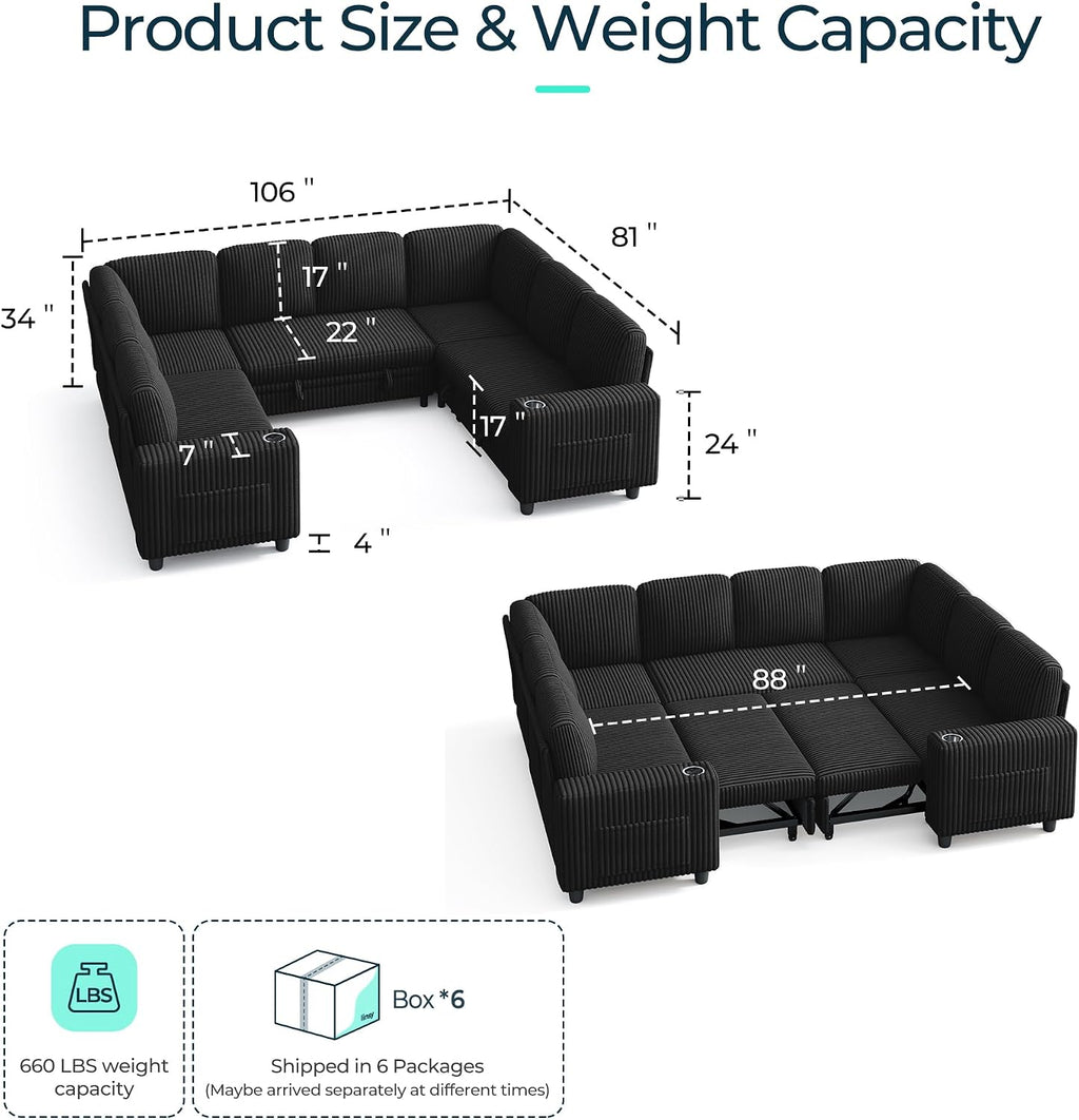 LINSY HOME Sectional Sleeper Sofa with Storage Chaise & USB Charging, Convertible Pull Out Couch Bed Plush Corduroy Modular Sectional Couches for Living Room Apartment (Black)