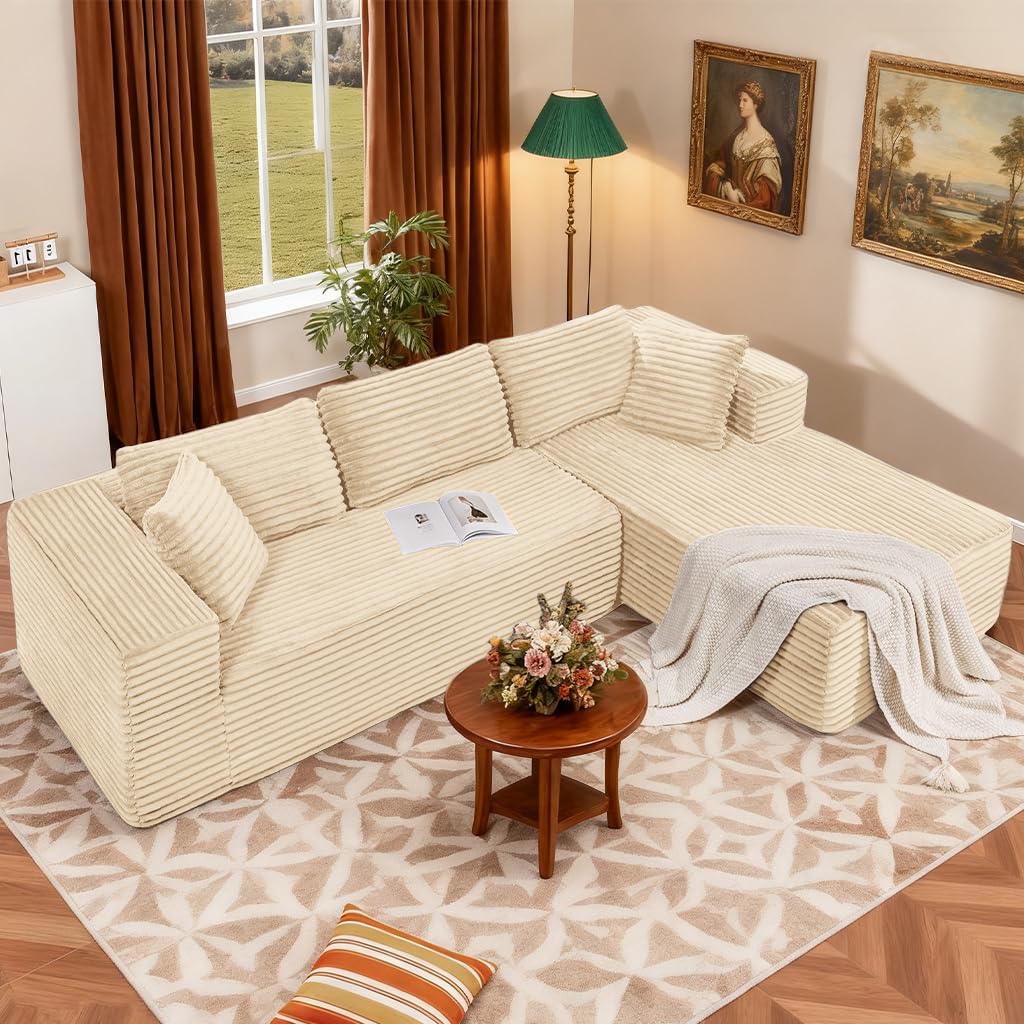 COMHOMA 105'Modular Sectional Sofa with Deep Seat,Cloud Upholstered L-Shape Couch Wide Arms Corduroy Fabric High-Density Foam Chaise Lounge for Living Room No Assembly Required