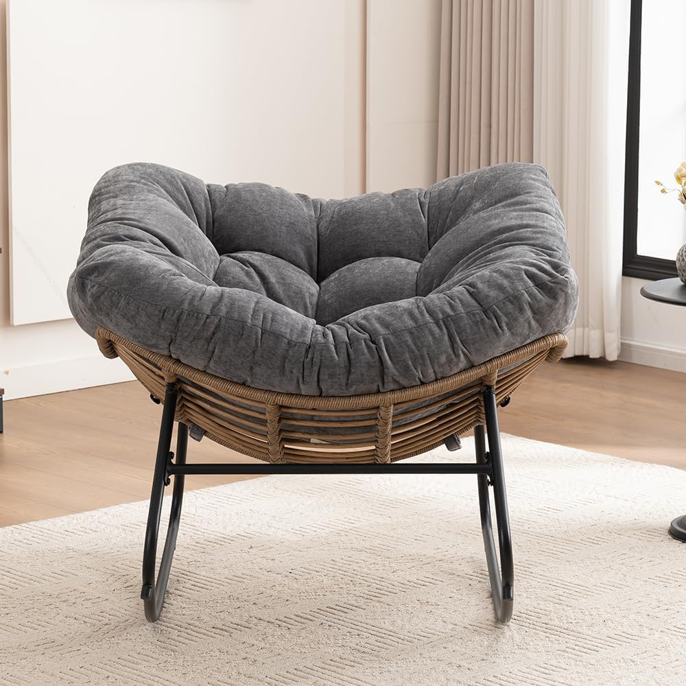 Outdoor Papasan Chair, Oversized Rocking Chair with Cushion and Metal Frame, Patio Lounge Rocking Chair for Balcony Backyard Porch Bedroom Living Room (Grey)