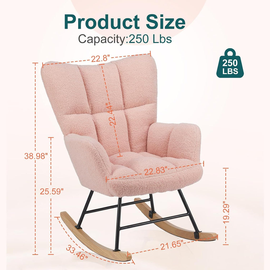 Rocking Chair Nursery, Teddy Upholstered Glider Rocker with High Backrest, Reading Chair Modern Rocking Accent Chairs Glider Recliner for Living Room, Nursery, Bedroom (Pink)