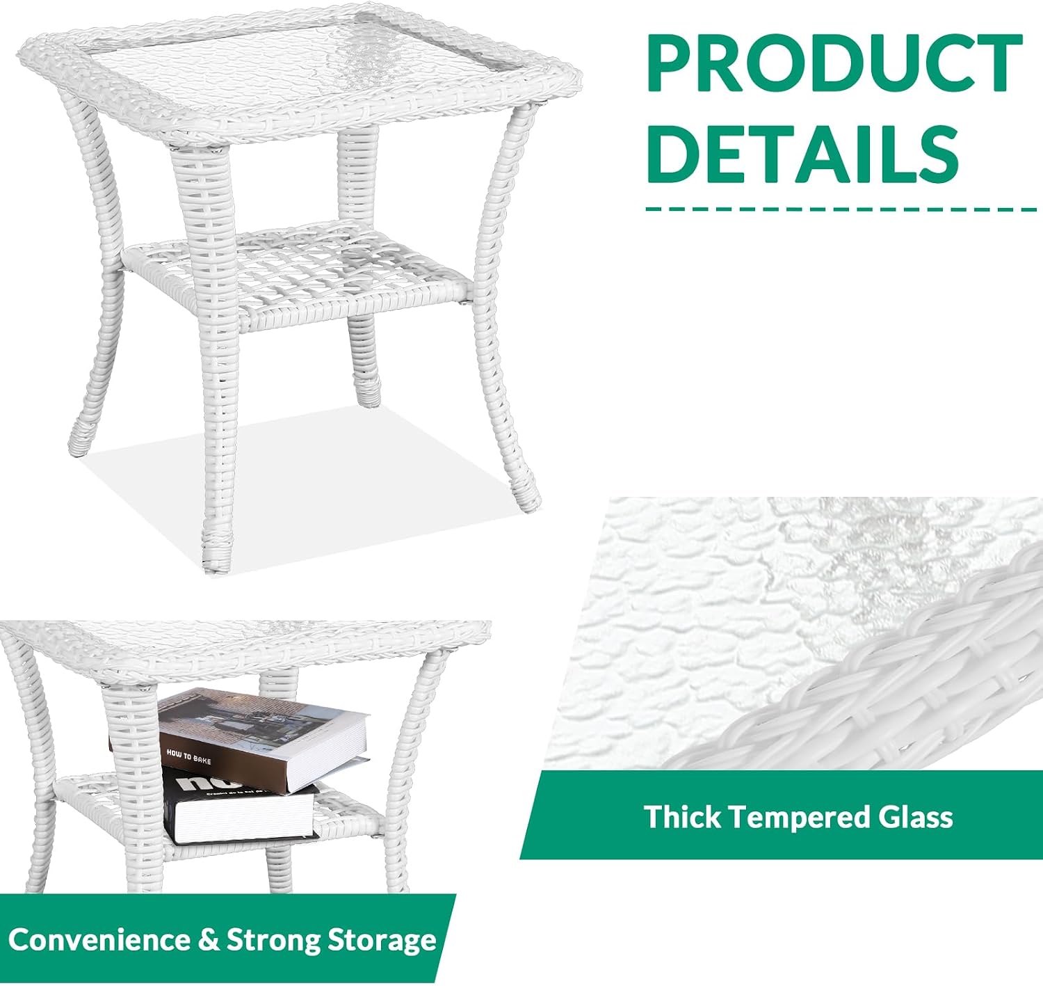 VIVIJASON 3-Piece Patio Conversation Bistro Set, Outdoor Swivel Glider Rocking Chairs Rattan Furniture Set w/ 2 Rattan Chairs, Glass Top Side Table for Porch Backyard, White - Navy Blue