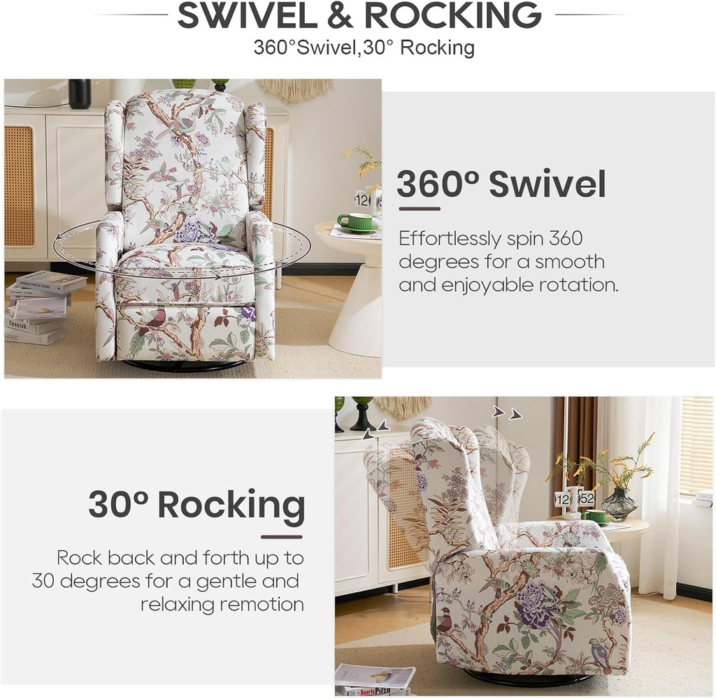 Floral Accent Swivel Rocker Recliner, Wingback Recliner Chair with Padded Seat, High Back Upholstered Armchair for Living Room, Bedroom, Home Ofiice (Bird Floral x 2)