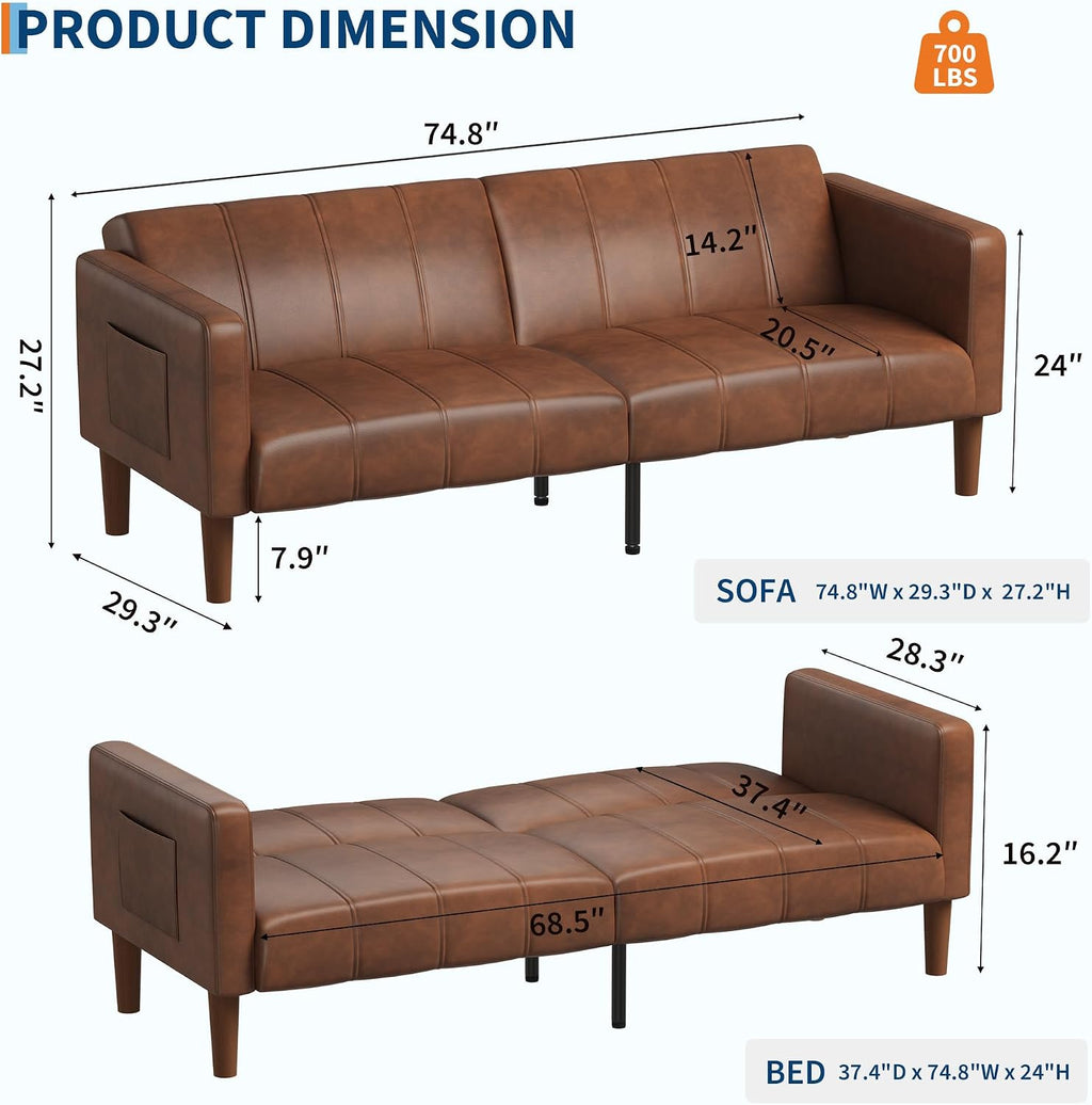 GarveeHome Futon Sofa Bed, 75-Inch Modern Faux Leather Convertible Couch, Mid-Century Loveseat for Small Space, Living Room, Bedroom, Brown