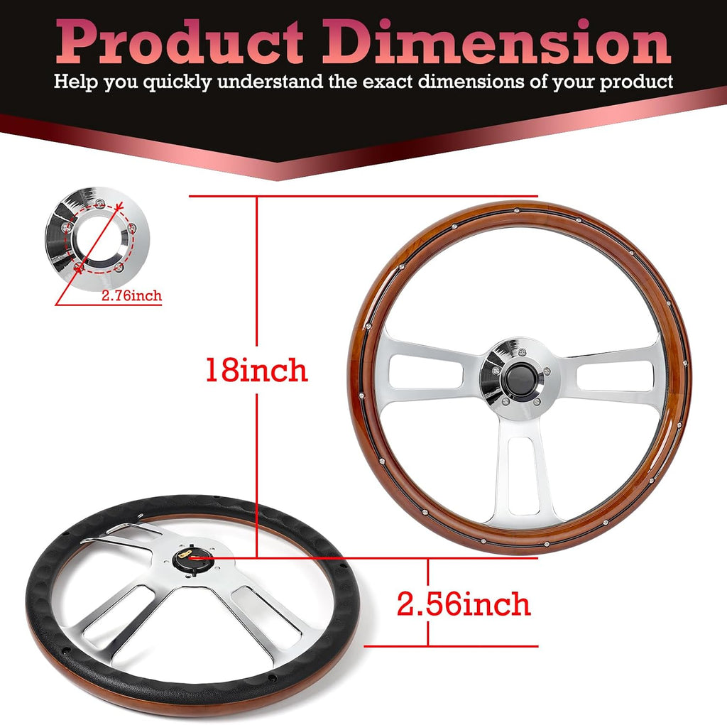 18' Universal Steering Wheel 455mm Chrome Aluminum Spokes Wood Grip, 5-Bolt Replacement for Kenworth for Peterbilt for Freightliner for Volvo–65mm Deep Dish Design 18inch Truck Steering Wheel