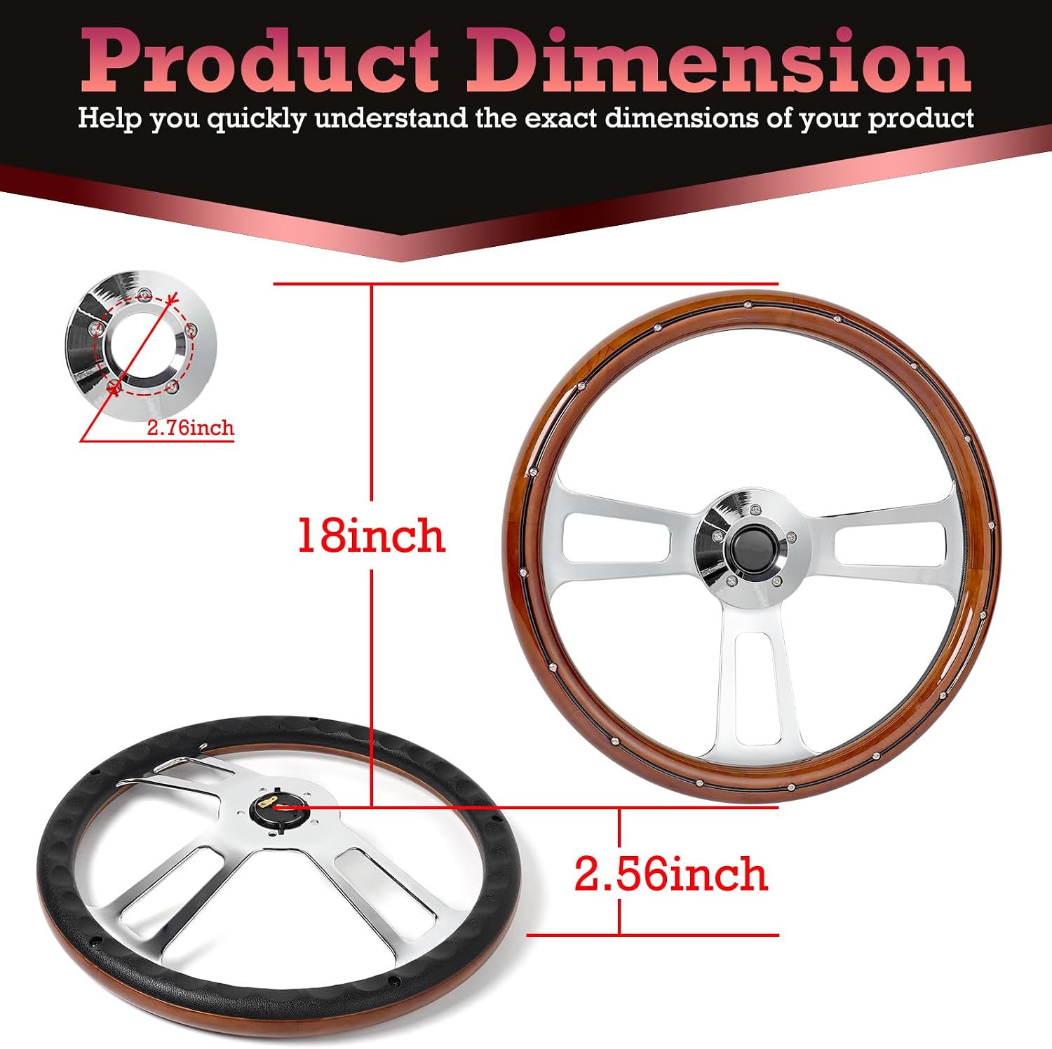 18' Universal Steering Wheel 455mm Chrome Aluminum Spokes Wood Grip, 5-Bolt Replacement for Kenworth for Peterbilt for Freightliner for Volvo–65mm Deep Dish Design 18inch Truck Steering Wheel