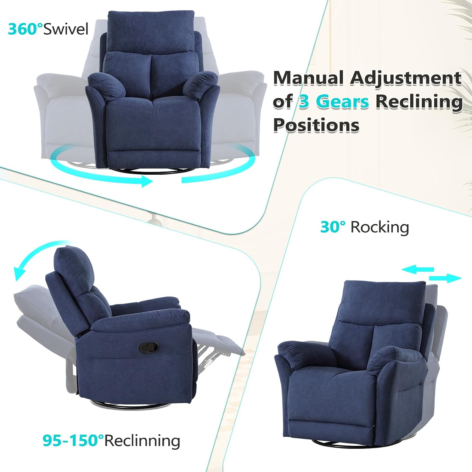 ANJ Manual Fabric Recliner Chair Set of 2, Swivel Rocker Glider, Blue