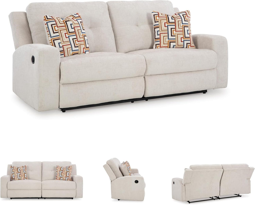 Signature Design by Ashley Danum Modern Tufted Manual Reclining Sofa with 2 Accent Pillows, Beige
