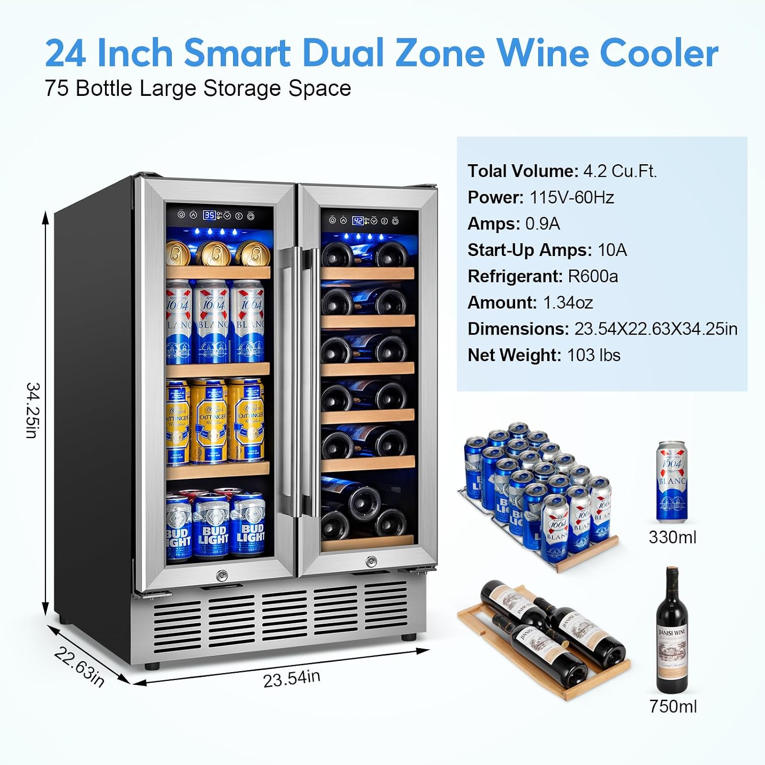 FoMup Wine and Beverage Refrigerator with Glass Door, 24-Inch Dual Zone Wine Fridge Under Counter - 18 Bottle and 88 Can Large Capacity Led Blue Light Smart Fast Cooling Wine Cooler