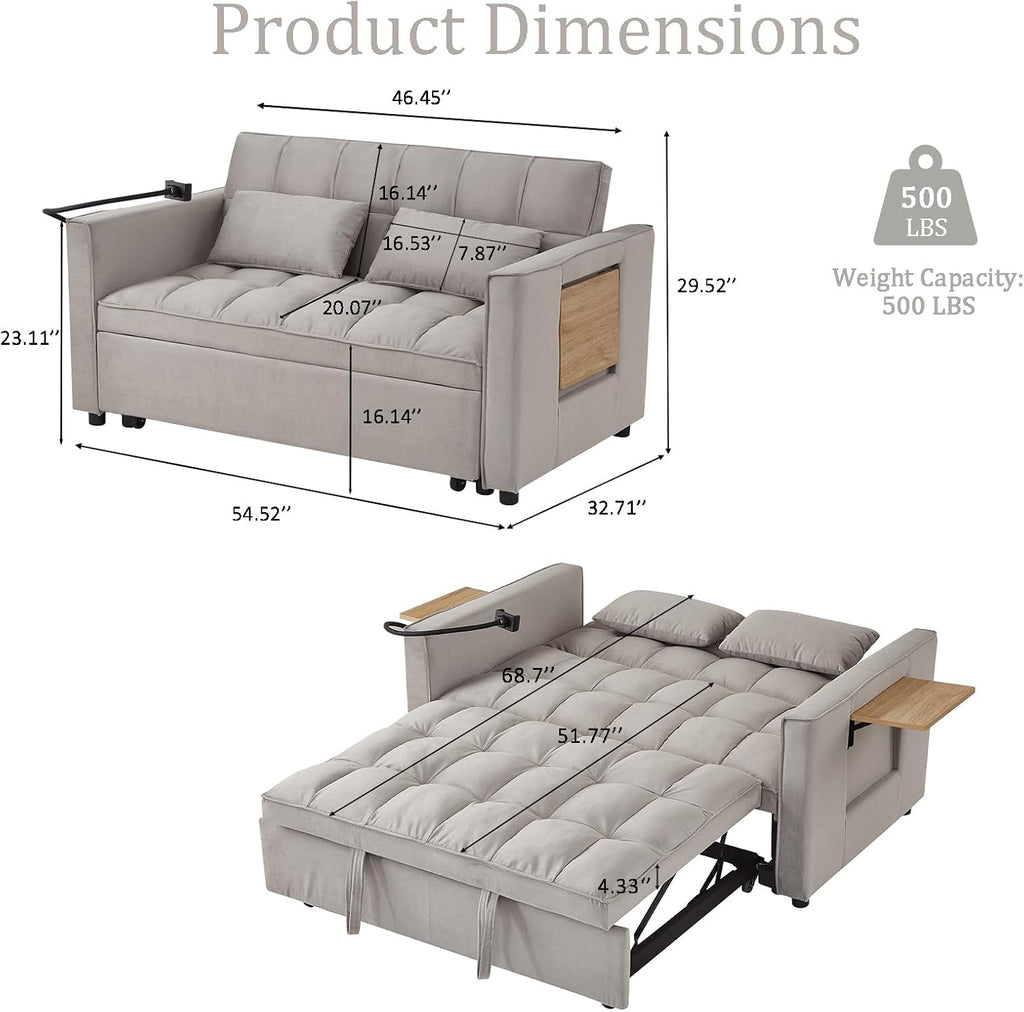 Convertible Sofa Bed, Pull Out Couch with 3-Position Reclining Backrest, Modern Velvet Upholstery Futon Sofa Bed, Loveseat Couch for Living Room, Apartments & Guest Rooms (Grey-L)
