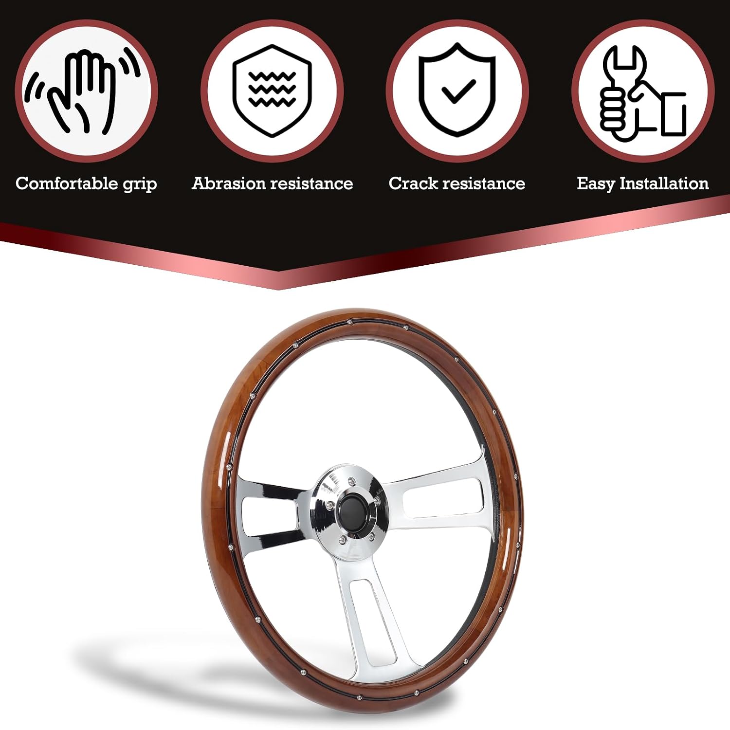 18' Universal Steering Wheel 455mm Chrome Aluminum Spokes Wood Grip, 5-Bolt Replacement for Kenworth for Peterbilt for Freightliner for Volvo–65mm Deep Dish Design 18inch Truck Steering Wheel