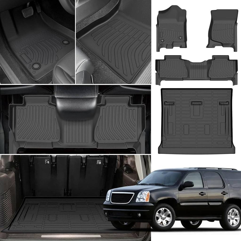 Floor Mats for Chevy Tahoe 2007 2008 2009 2010 2011 2012-2014 & GMC Yukon Bench (NOT fit XL or Hybrid), for Chevrolet Tahoe Floor Mats 1st & 2nd Row & Cargo Liner, 8 Seats, TPE Summer Winter