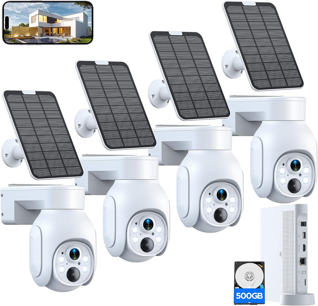 Security Cameras Wireless Outdoor, No Subscription, Solar-Powered, Home Security Cameras System with 360° Pan & Tilt, Auto Tracking, 2K Color Night Vision, 500G HDD Local Recording, 2.4G & 5G WiFi