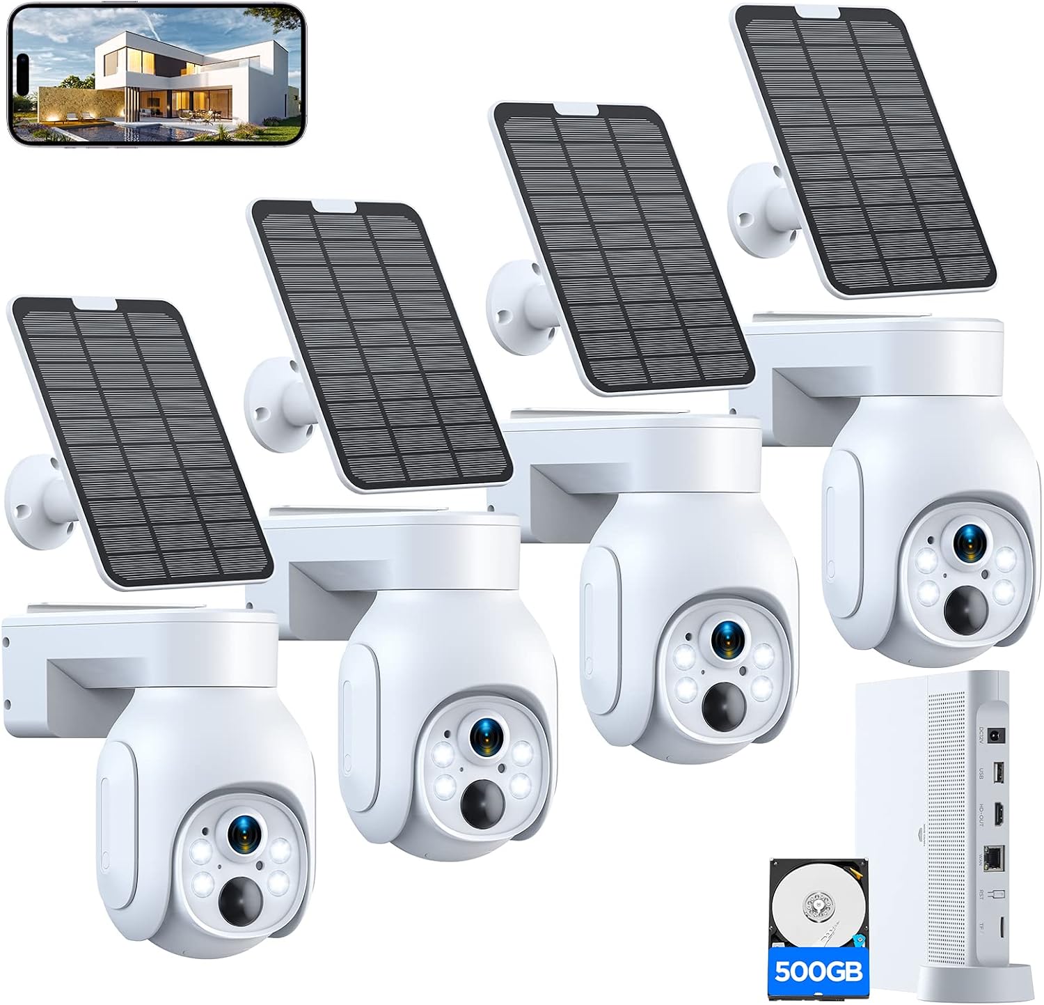 Security Cameras Wireless Outdoor, No Subscription, Solar-Powered, Home Security Cameras System with 360° Pan & Tilt, Auto Tracking, 2K Color Night Vision, 500G HDD Local Recording, 2.4G & 5G WiFi