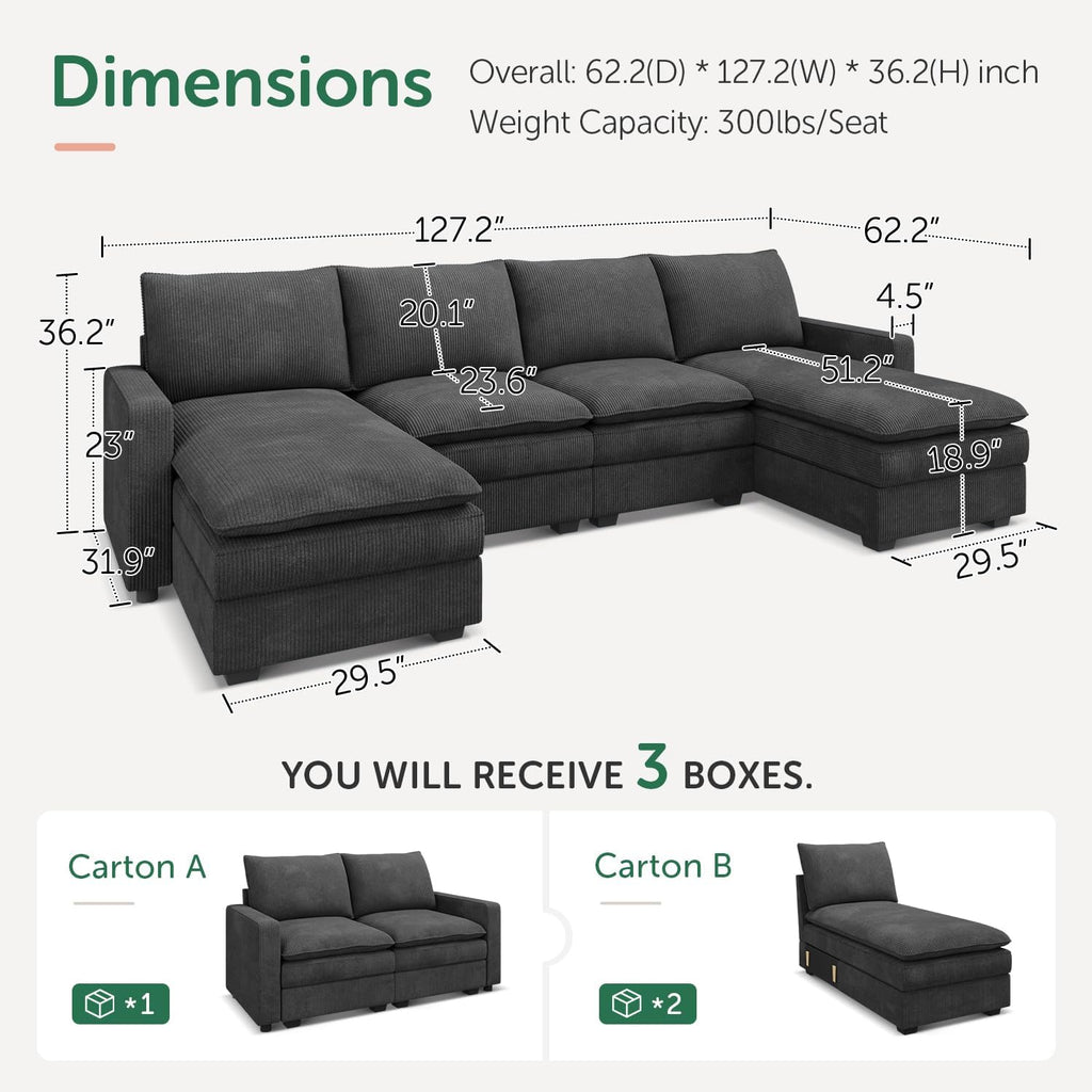 HONBAY 127.2 Inch Corduroy Cloud Modular Sectional Sofa with Chaise, Deep Seat U-Shaped Couch with Storage for Living Room, Apartment, Small Space,Dark Grey