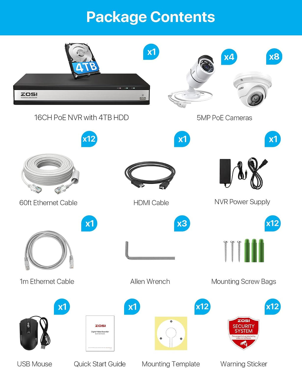 ZOSI 4K 16CH PoE Home Security Camera System,12pcs 5MP Outdoor Indoor Bullet Dome PoE IP Cameras, H.265+ 8MP 16 Channel NVR Recorder with 4TB HDD, Night Vision, Remote Access, for 24/7 Recording