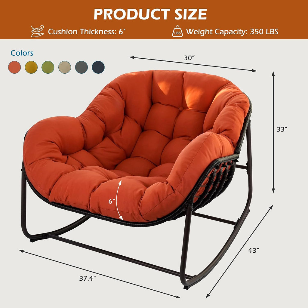 Papasan Rocking Chair Indoor & Outdoor, Oversized Egg-Shaped Papasan Rocker with Cushion & Pillow, All-Weather Wicker Patio Lounge Chair for Garden, Porch, Living Room (Red)