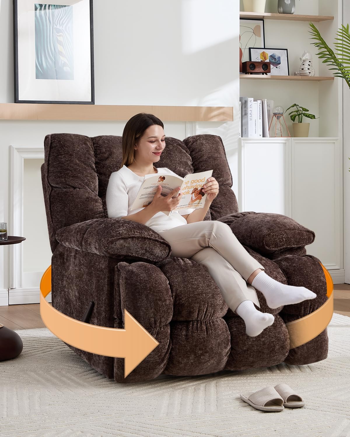 Oversized Manual Recliner Chair with 360° Swivel, Big and Tall Rocker Glider for Nursery Living Room, Chenille Overstuffed Reclining Sofa with Handle, 375lbs (Brown, Manual)