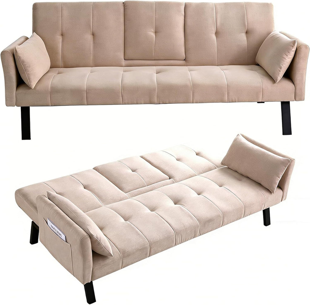 70' Futon Sofa with Cupholders,Adjustable Backrest Cotton Linen with Cup Holders and 2 Throw Pillows Sleeper Sofa for Living Room Apartment Small Space (Beige)