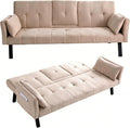 70' Futon Sofa with Cupholders,Adjustable Backrest Cotton Linen with Cup Holders and 2 Throw Pillows Sleeper Sofa for Living Room Apartment Small Space (Beige)
