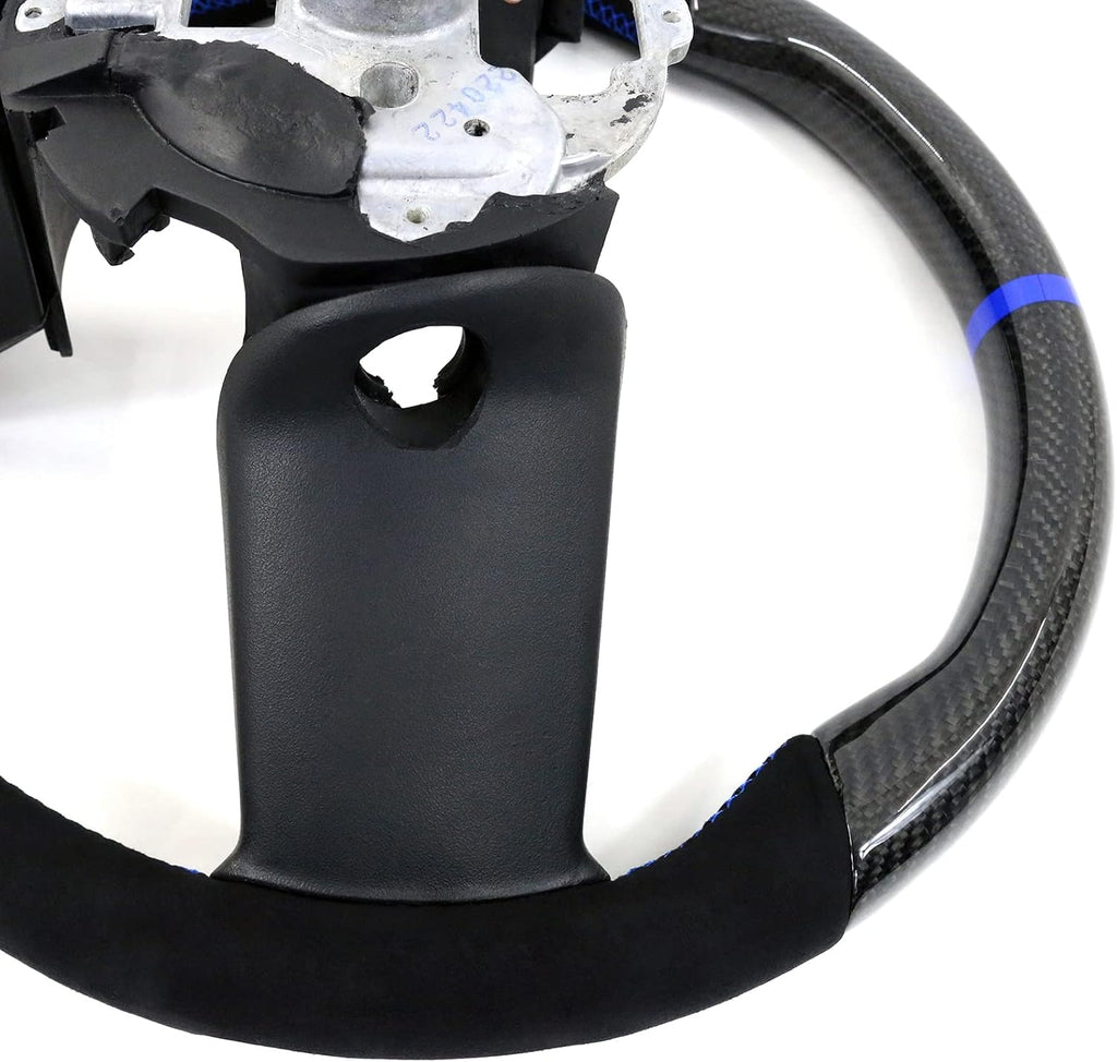 IKON MOTORSPORTS, Steering Wheel Compatible with 2010-2014 Ford Mustang, Steering Wheel Bodykit Replacement Carbon Fiber & Synthetic Suede Blue Stitch & Indicator, 2011 2012 2013