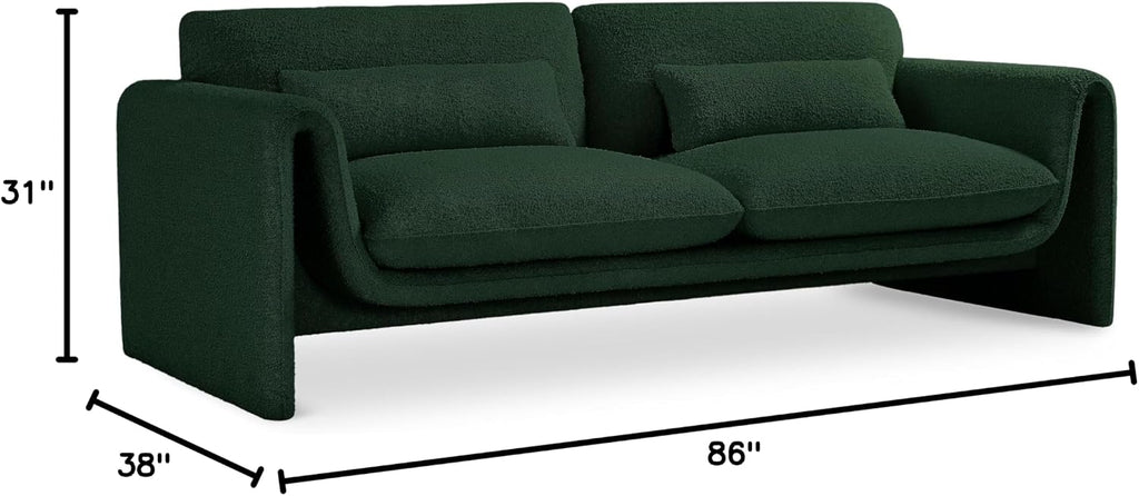 Meridian Furniture 198Green-S Stylus Collection Modern | Contemporary Boucle Fabric Upholstered Sofa with Rich Green Boucle Fabric, Curved Arms, 86' W x 38' D x 31' H, Green