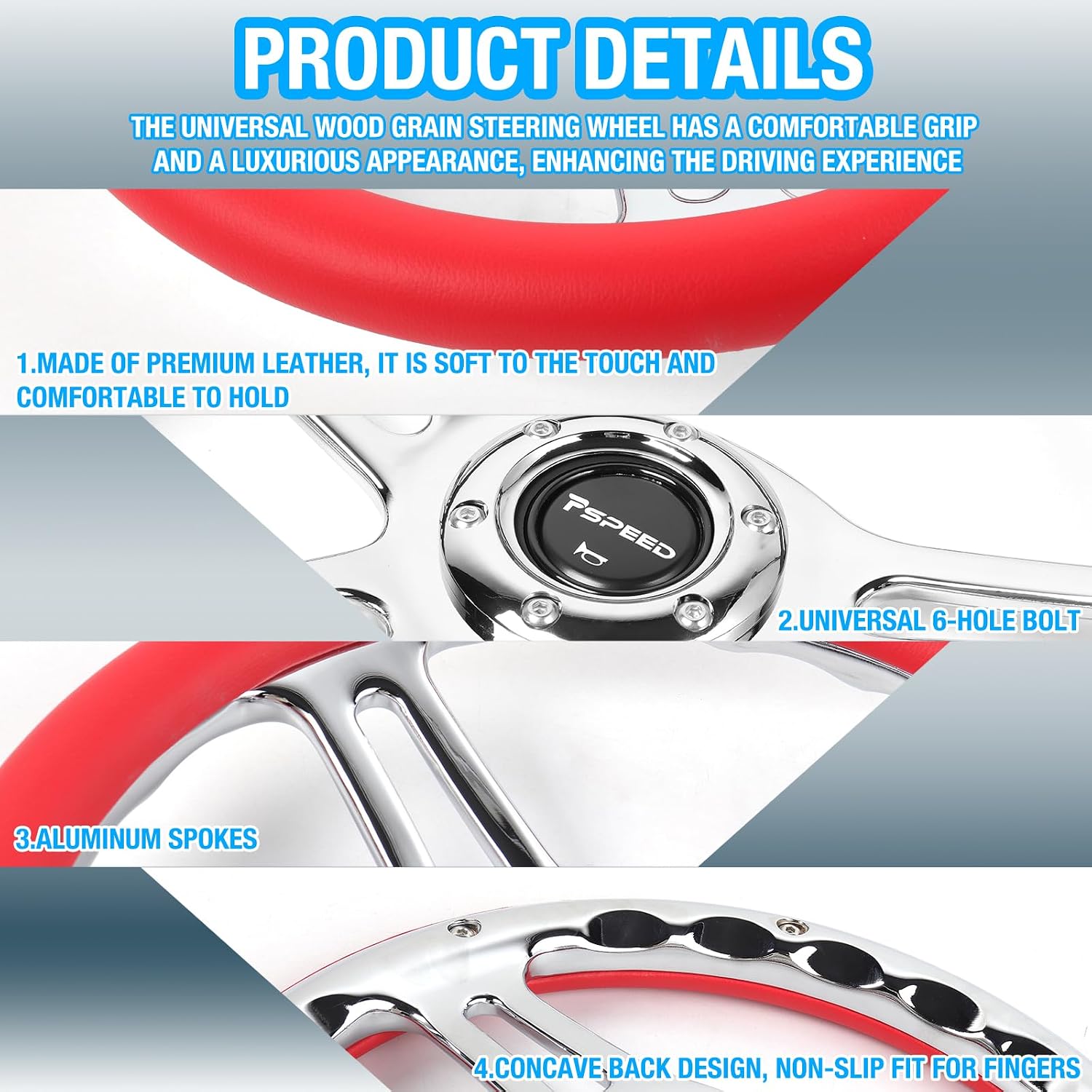 14 inch Red steering wheel,6 Bolt Hole 4 Spoke Chrome-Plated Aluminum Alloy, Deep Dish 70mm, Red Leather Grip with Horn Button Fit for Cars,for Classic Car,for Vintage Car Steering Wheel
