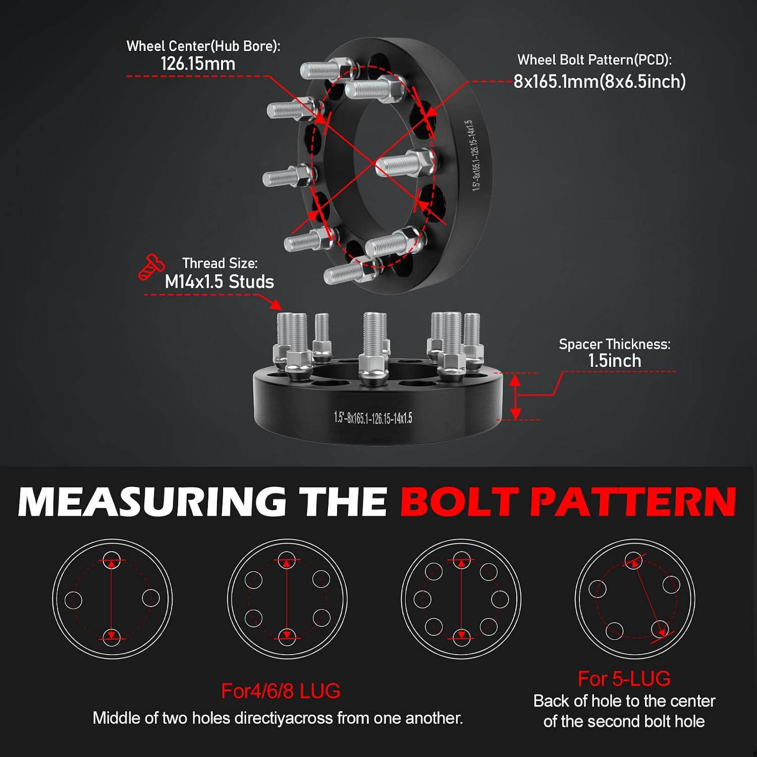 8x6.5 Wheel Spacers 1.5 inch (8x165.1mm) PCD 126.15mm Hub Bore M14x1.5 Studs Aluminum Wheel Adapters 4pcs Car Wheel Accessories Parts Fit for Silverado 1500 2500 3500 HD Suburban Express 2500/3500