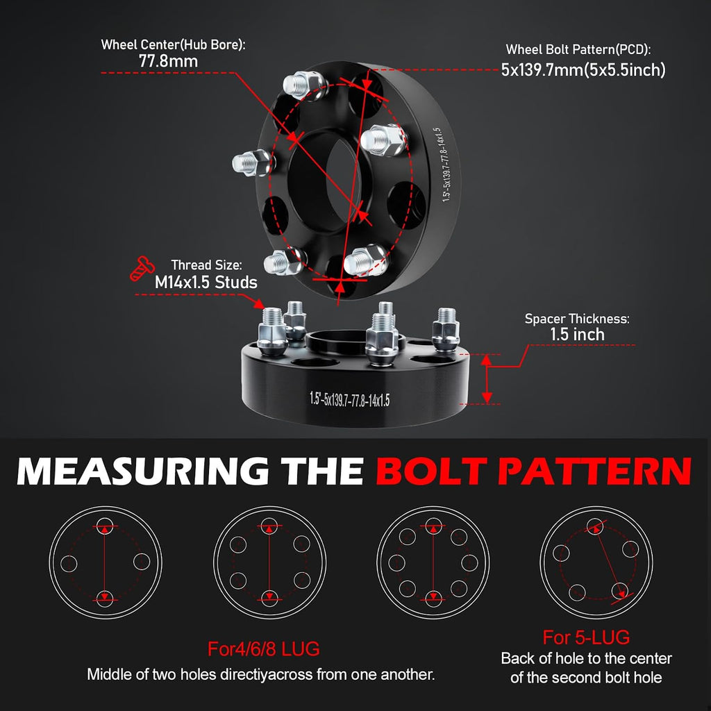 5x5.5 Wheel Spacers 1.5 inch (5x139.7mm) PCD 77.8mm Hub Bore M14x1.5 Studs Aluminum CNC Wheel Adapters 4pcs Car Wheel Accessories Parts Fit for Ram 1500 2012-2018 for Ram 1500 Classic 19-24