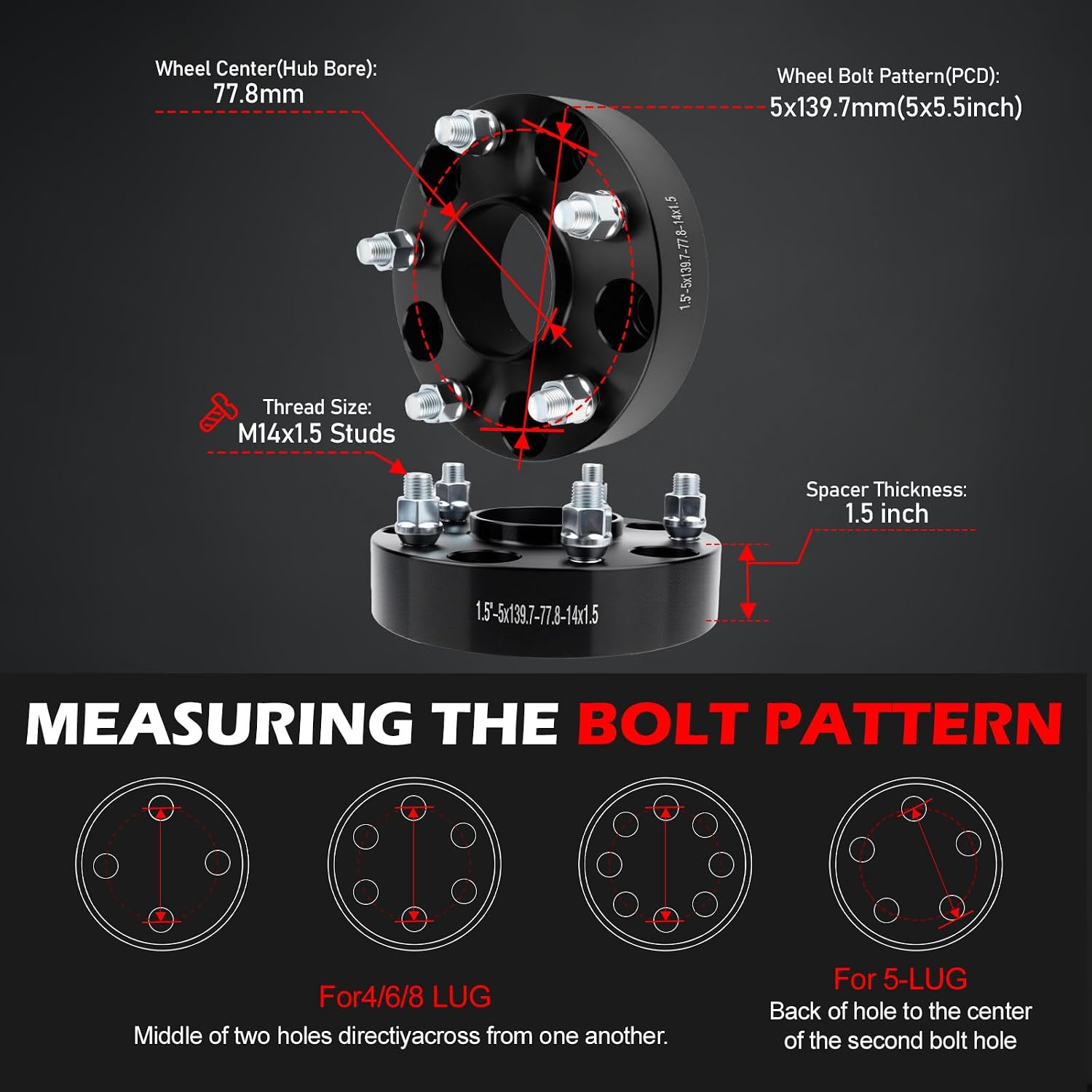 5x5.5 Wheel Spacers 1.5 inch (5x139.7mm) PCD 77.8mm Hub Bore M14x1.5 Studs Aluminum CNC Wheel Adapters 4pcs Car Wheel Accessories Parts Fit for Ram 1500 2012-2018 for Ram 1500 Classic 19-24