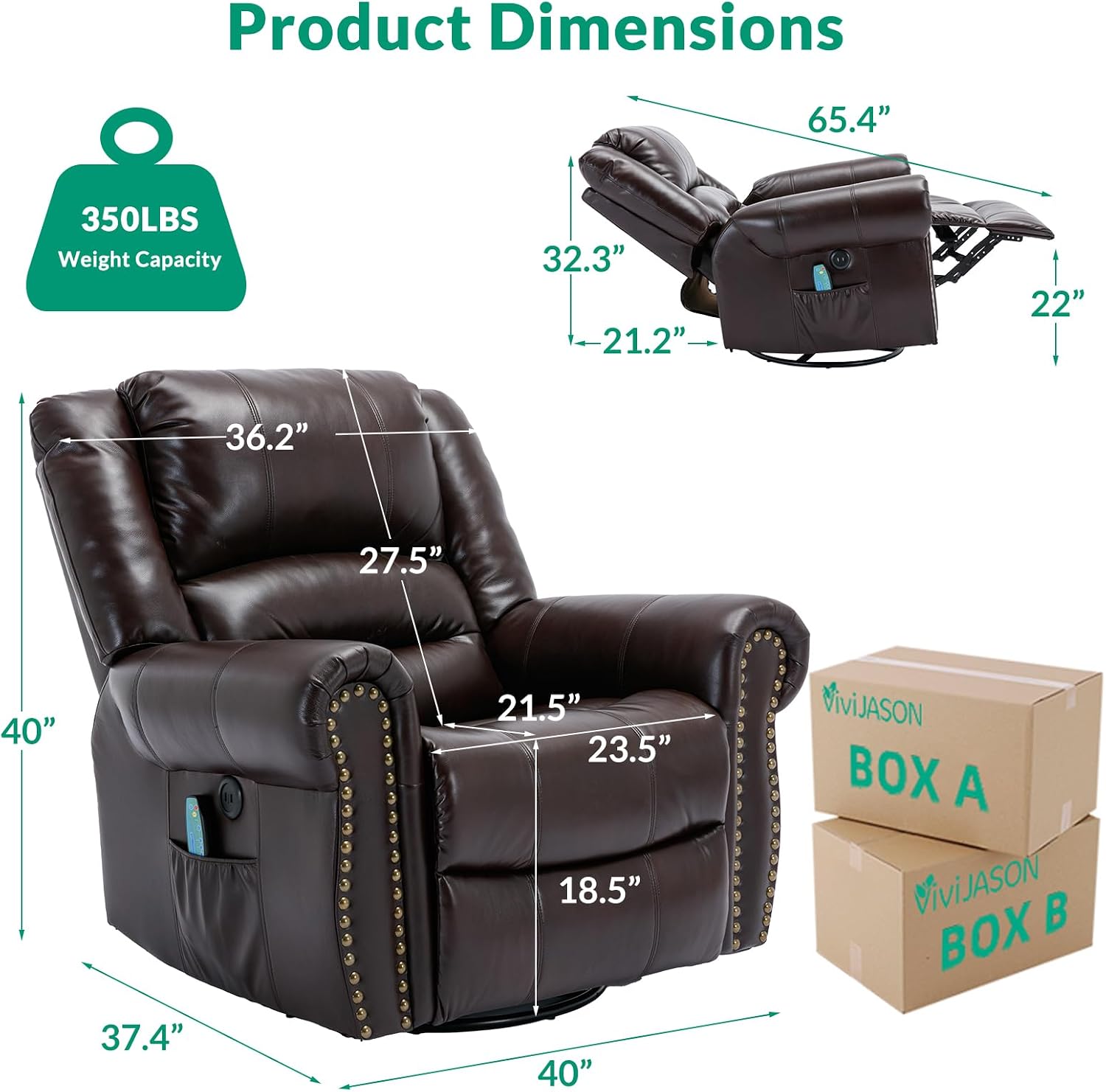 VIVIJASON Massage Swivel Rocker Recliner Chair with Heat & Vibration, 360° Swivel Manual Glider Rocking Reclining Chair with Remote Control, Side Pockets & USB Ports for Living Room, Brown