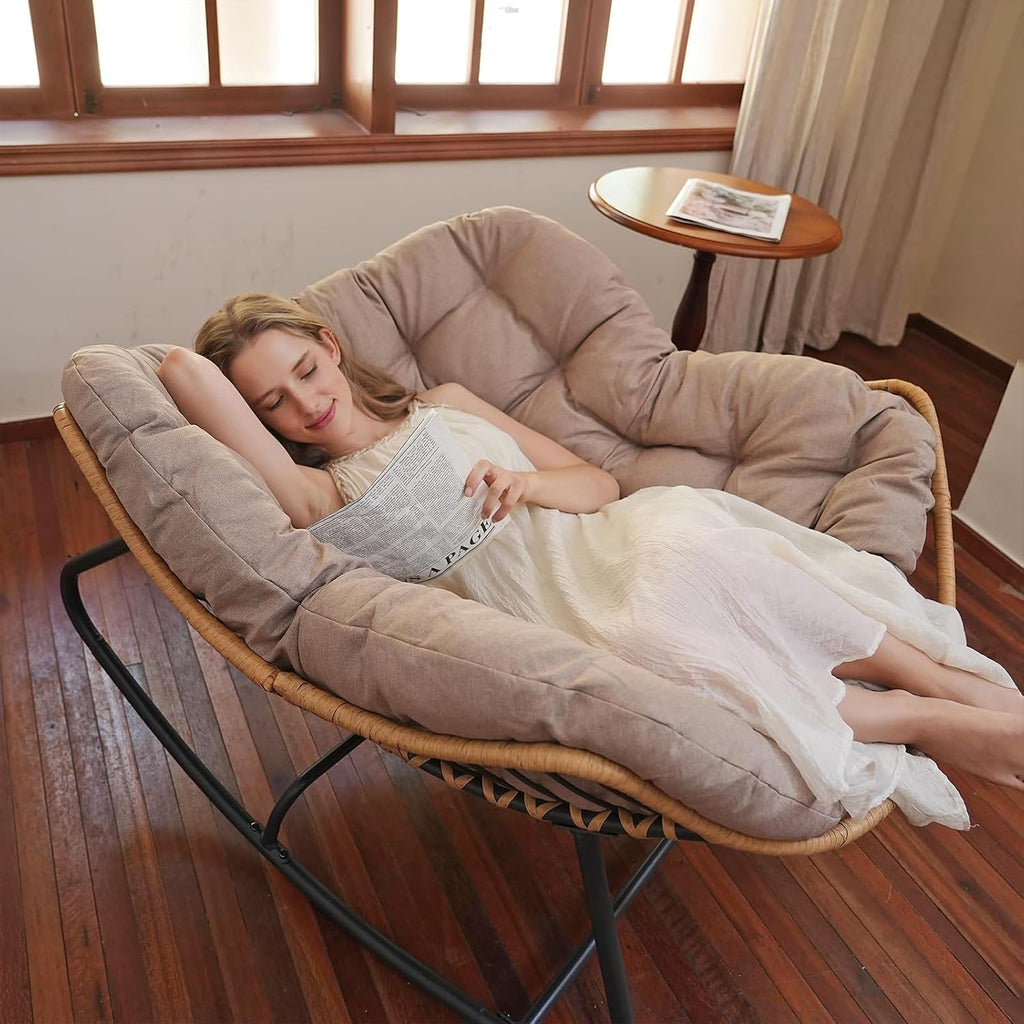 SWITTE Outdoor Rocking Chair, Indoor Papasan Rocking Lounge with Thick Cushion, Oversized Cozy Patio Rocker for Bedroom, Living Room, Porch, Garden, Lawn-Cream