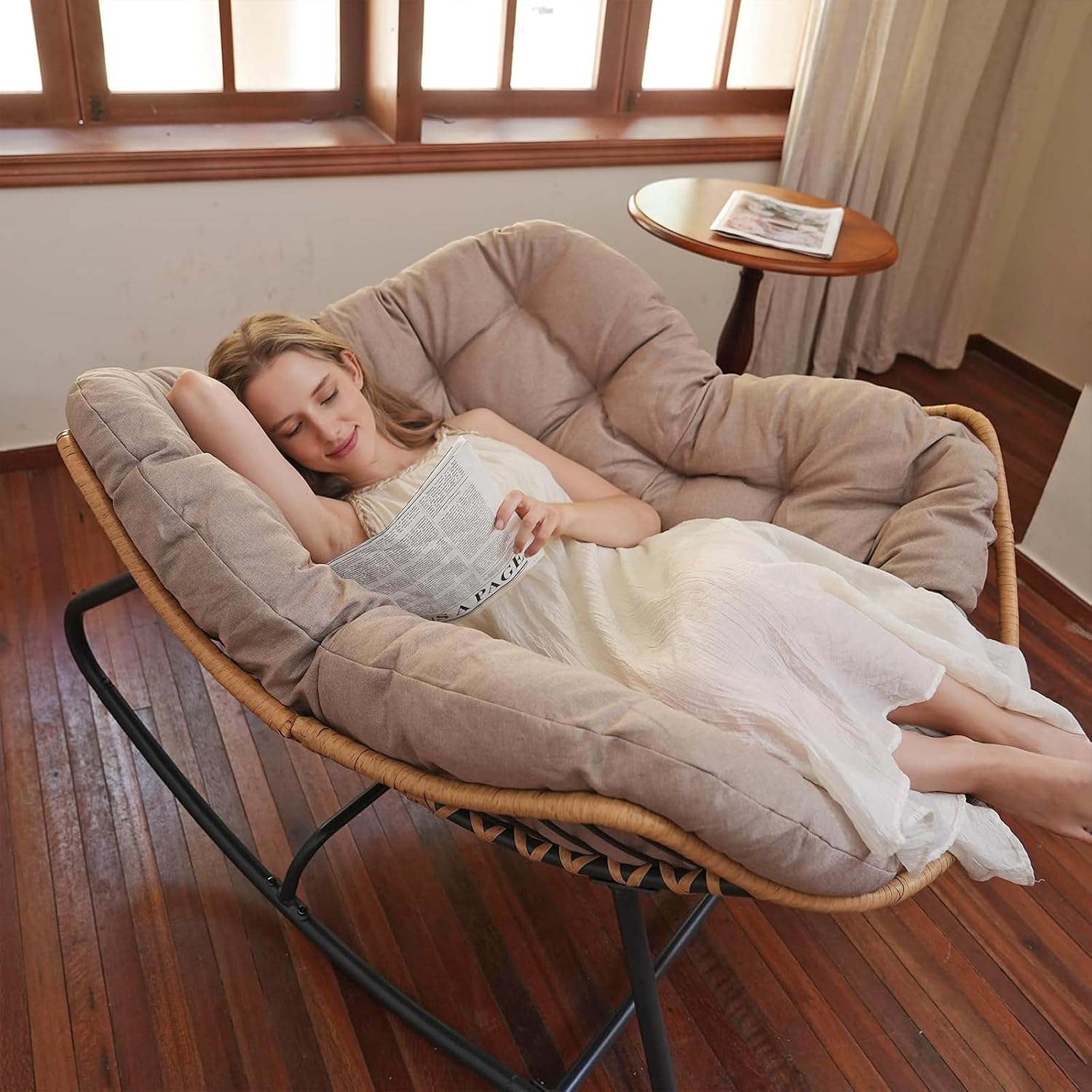 SWITTE Outdoor Rocking Chair, Indoor Papasan Rocking Lounge with Thick Cushion, Oversized Cozy Patio Rocker for Bedroom, Living Room, Porch, Garden, Lawn-Cream