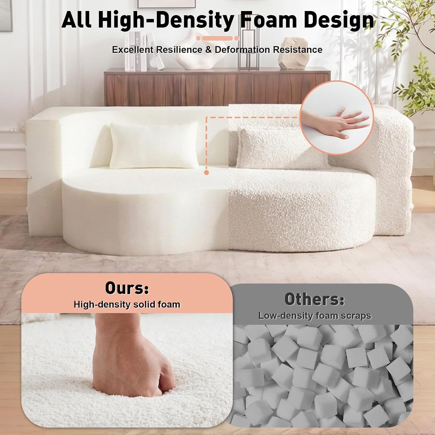 78' Full Size Convertible Folding Sofa Bed, Modern Teddy Fabric Futon Sofa Bed with 2 Pillows, Foam Mattress Futon Loveseat Couch, No Assembly Floor Couches for Living Room, Playroom, Apartment, Beige