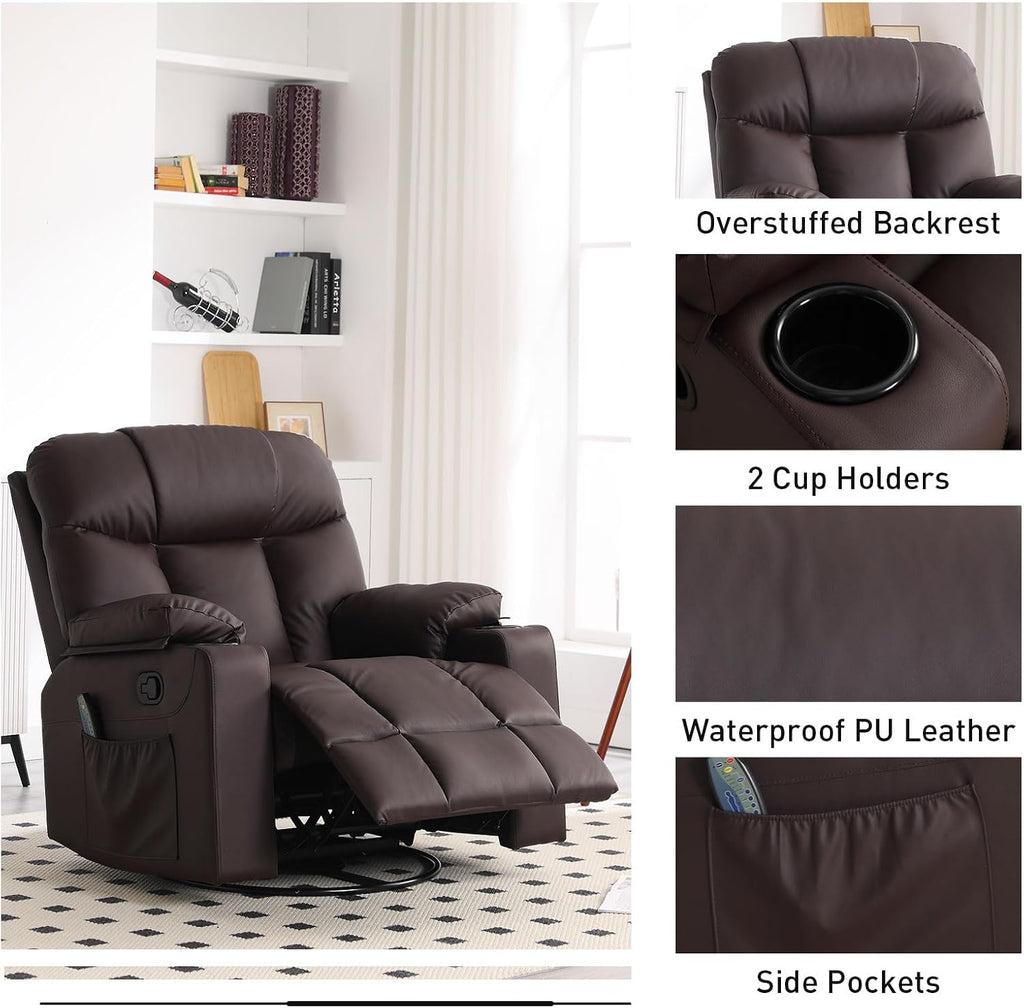 Bonzy Home Swivel Rocker Recliner with Heating and Massage, 40' Manual Rocker Recliner Chair, PU Leather Single Sofa with 2 Cup Holders for Living Room Bedroom, Brown