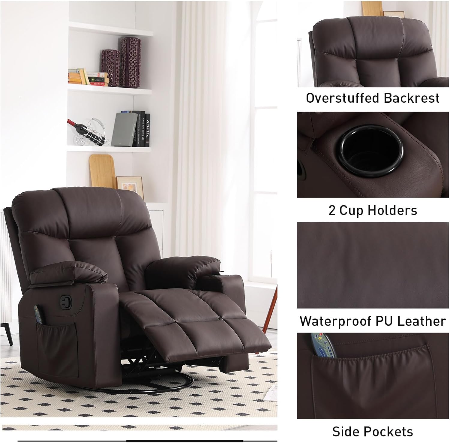 Bonzy Home Swivel Rocker Recliner with Heating and Massage, 40' Manual Rocker Recliner Chair, PU Leather Single Sofa with 2 Cup Holders for Living Room Bedroom, Brown