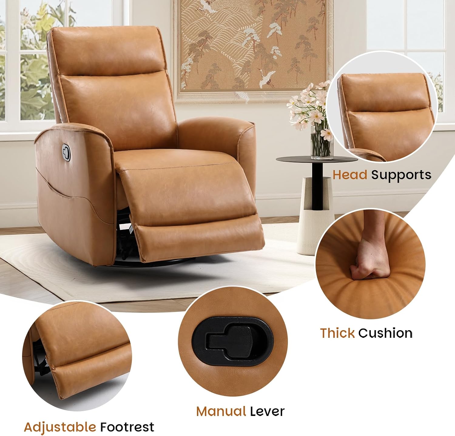 CANMOV Leather Recliner Chair, Swivel Rocker Recliner Chair, 360°Swivel Nursery Glider Recliner, Manual Recliner for Small Spaces,Living Room,Bedroom,Brown